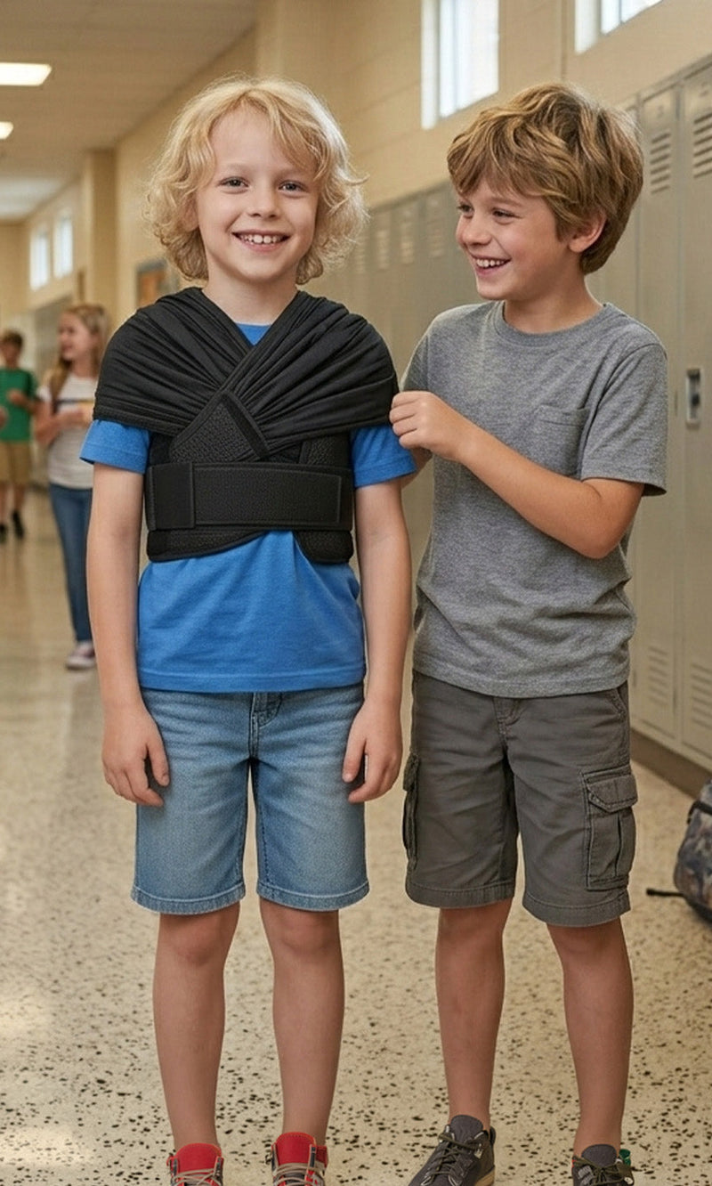 Two boys standing in a school hallway with lockers and backpacks in the background.